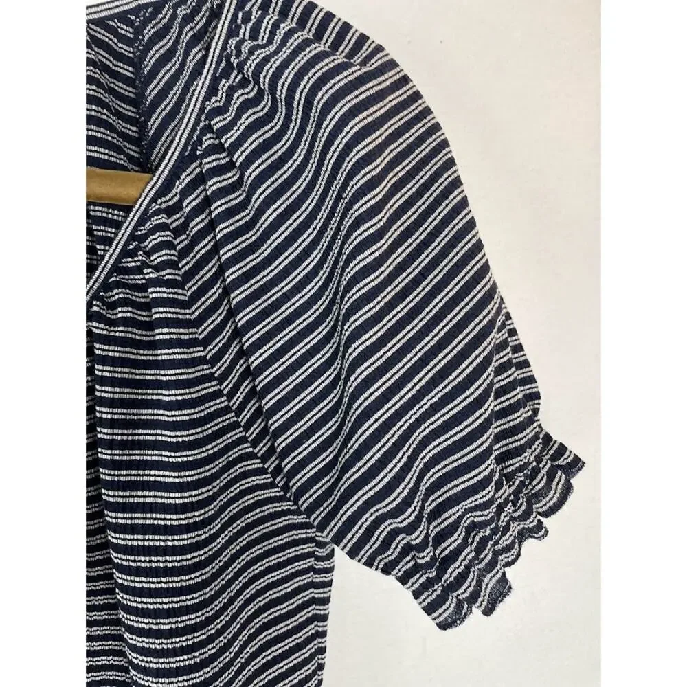 Madewell Top Womens Peasant Ruffle Blouse Short Puff Sleeve Striped Scoop Neck